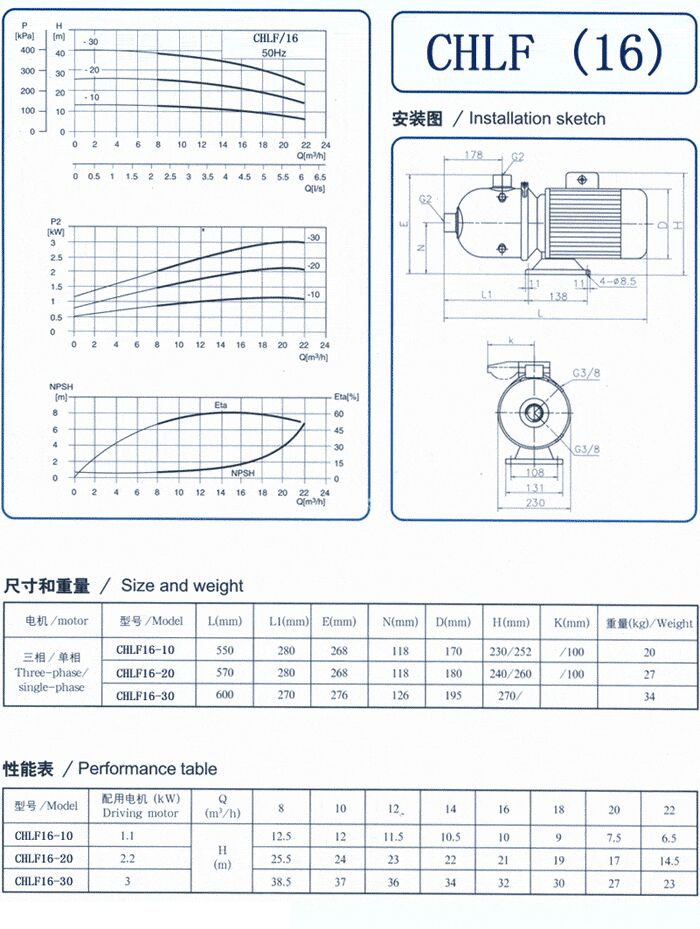 CHLF輕型立式不銹鋼多級離心泵安裝圖、尺寸、性能